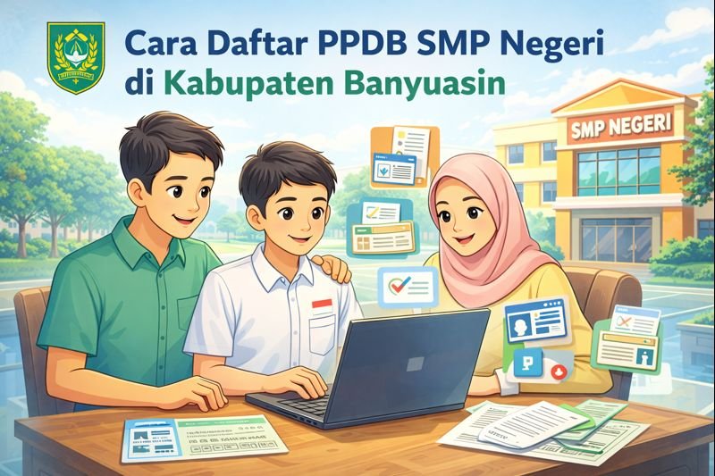 Ilustrasi cara daftar PPDB SMP Negeri di Kabupaten Banyuasin, dengan orang tua dan anak sedang mendaftar di komputer untuk sekolah.