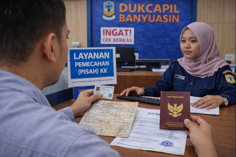 Ilustrasi layanan pemecahan atau pisah Kartu Keluarga (KK) di Dukcapil Kabupaten Banyuasin