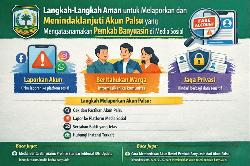 Langkah-langkah aman untuk melaporkan dan menindaklanjuti akun palsu yang mengatasnamakan Pemkab Banyuasin di media sosial, termasuk cara melaporkan, memberitahukan warga, dan menjaga privasi.
