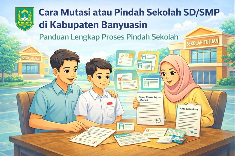 Ilustrasi proses pindah sekolah (mutasi) untuk anak di Kabupaten Banyuasin, dengan orang tua dan anak mempersiapkan dokumen seperti Surat Permohonan Mutasi dan Akta Kelahiran.