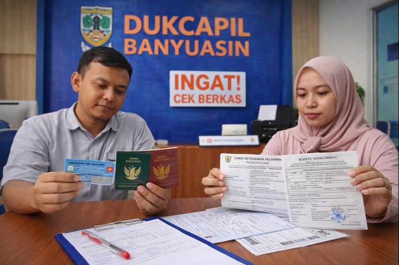 Ilustrasi warga menyiapkan berkas dokumen kependudukan anak untuk layanan Dukcapil di Kabupaten Banyuasin