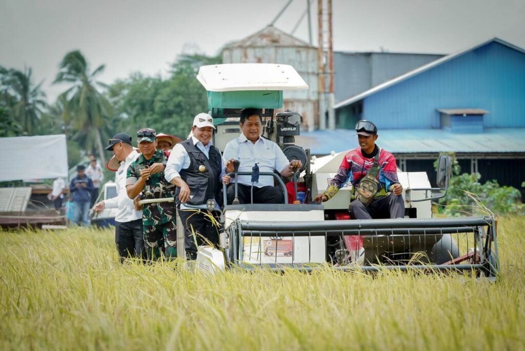 Pejabat Pemkab Banyuasin mengikuti panen raya padi di Desa Telang Rejo, Kecamatan Muara Telang