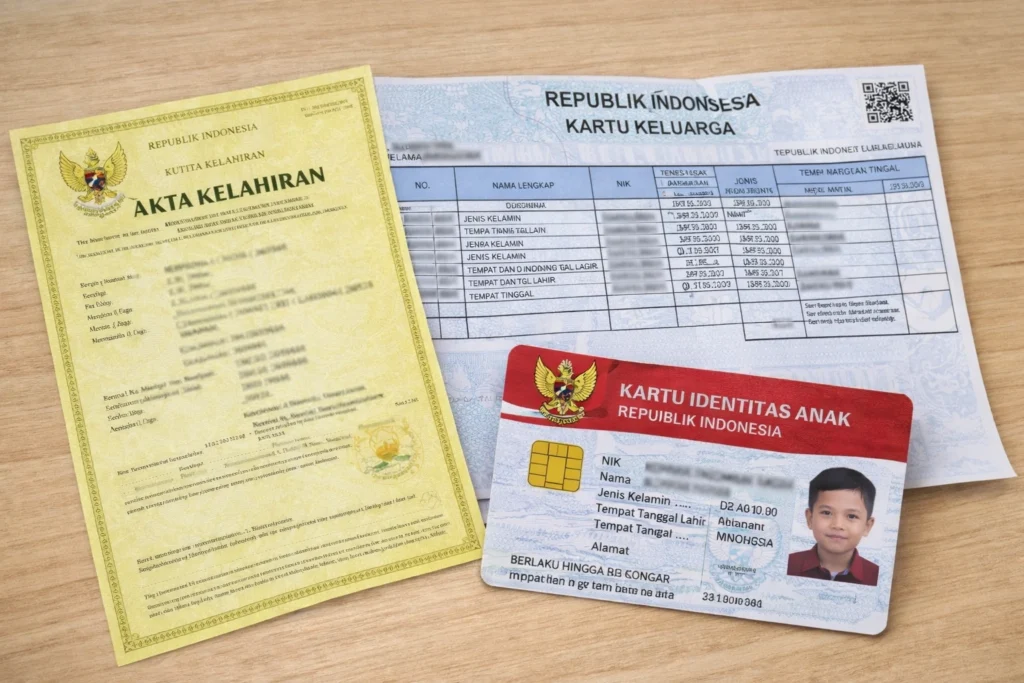 Ilustrasi perbedaan akta kelahiran, Kartu Identitas Anak (KIA), dan Kartu Keluarga untuk administrasi anak