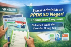 Ilustrasi syarat administrasi PPDB SD Negeri di Kabupaten Banyuasin, orang tua menyiapkan berkas anak seperti KK, akta kelahiran, dan KIA untuk pendaftaran sekolah dasar.
