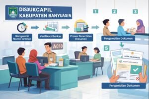 Ilustrasi alur pelayanan administrasi kependudukan di Kantor Disdukcapil Kabupaten Banyuasin, mulai dari pengambilan antrean hingga pengambilan dokumen.