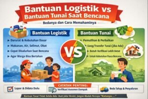Infografik perbedaan bantuan logistik dan bantuan tunai saat bencana di Kabupaten Banyuasin, termasuk catatan lapor, verifikasi, dan tahap penyaluran