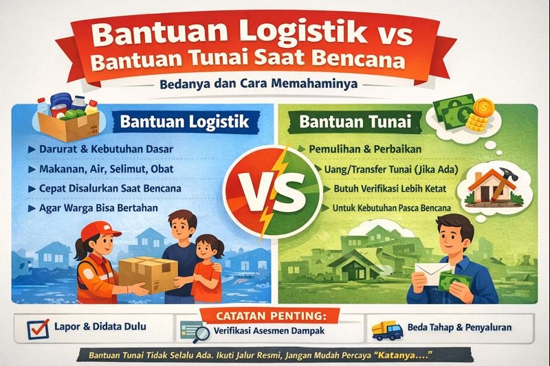 Infografik perbedaan bantuan logistik dan bantuan tunai saat bencana di Kabupaten Banyuasin, termasuk catatan lapor, verifikasi, dan tahap penyaluran