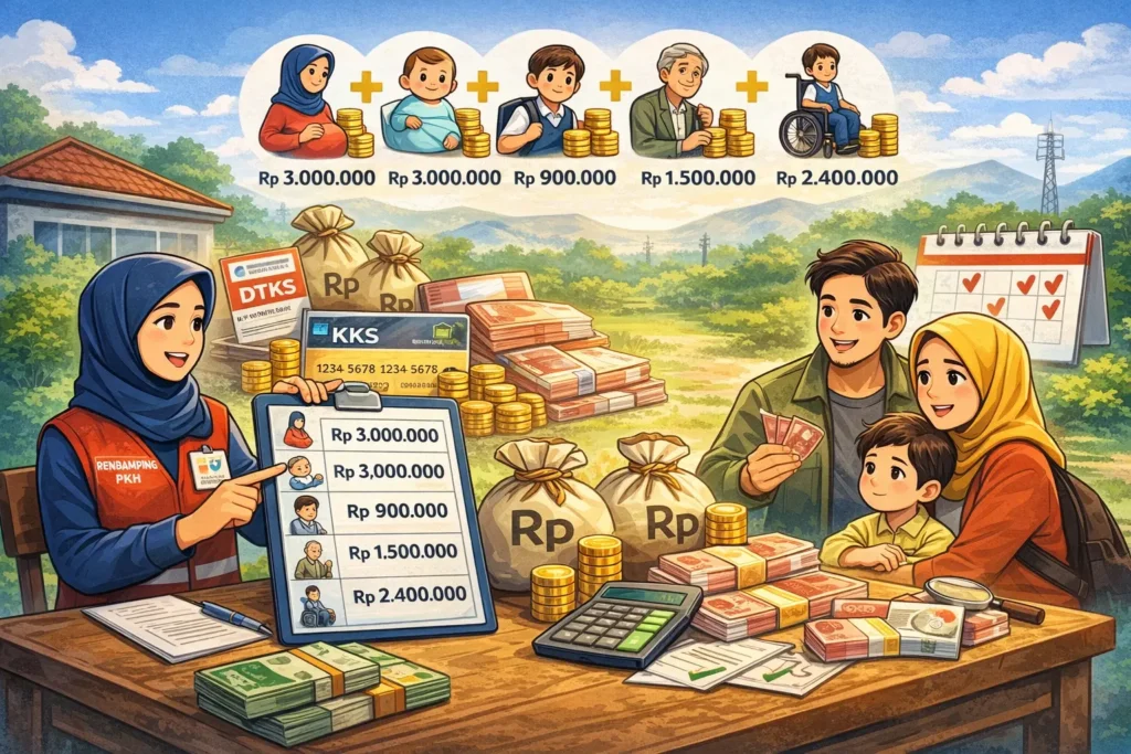 Ilustrasi pendamping PKH menjelaskan besaran bantuan per komponen kepada keluarga penerima di Kabupaten Banyuasin.