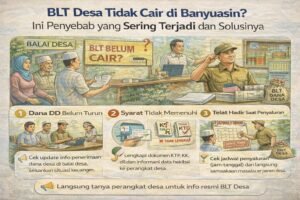 Infografis BLT Desa tidak cair di Kabupaten Banyuasin: penyebab umum seperti dana belum turun, data belum cocok, atau terlewat jadwal, beserta solusinya