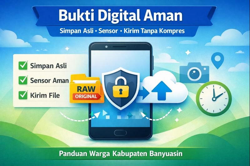 Ilustrasi panduan bukti digital untuk laporan warga di Banyuasin: simpan file asli, sensor privasi, dan kirim tanpa kompres.