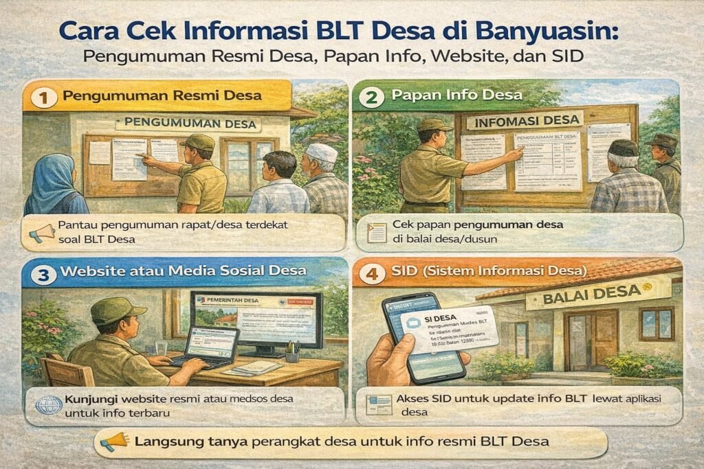Infografis cara cek informasi BLT Desa di Kabupaten Banyuasin melalui pengumuman resmi, papan info, website/medsos desa, dan SID