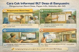 Infografis cara cek informasi BLT Desa di Kabupaten Banyuasin melalui pengumuman resmi, papan info, website/medsos desa, dan SID