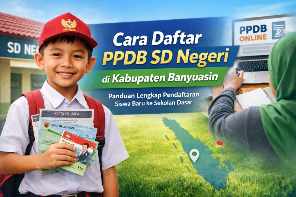 Ilustrasi pendaftaran PPDB SD Negeri di Kabupaten Banyuasin, anak berseragam membawa berkas (KK, akta lahir, KIA) dan pendaftaran online di laptop.