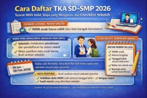 Infografis cara daftar TKA SD–SMP 2026 menekankan syarat NISN valid, peran sekolah dan orang tua dalam pendataan, periode pendaftaran 19 Jan–28 Feb 2026, serta checklist data peserta seperti NISN, nama lengkap, tanggal lahir, kelas, dan kontak orang tua.