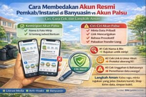 Infografis cara membedakan akun resmi Pemkab/Instansi di Banyuasin vs akun palsu, dengan ciri-ciri, cara cek, dan langkah aman