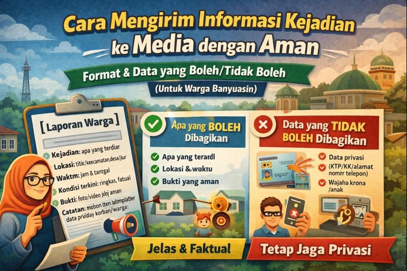 Infografis cara mengirim informasi kejadian ke media dengan aman untuk warga Banyuasin, format laporan dan data yang boleh atau tidak boleh dibagikan