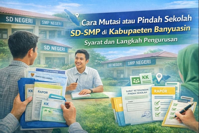 Ilustrasi proses mutasi atau pindah sekolah SD dan SMP di Kabupaten Banyuasin, orang tua menyerahkan berkas seperti KK, rapor, dan surat pindah kepada pihak sekolah.