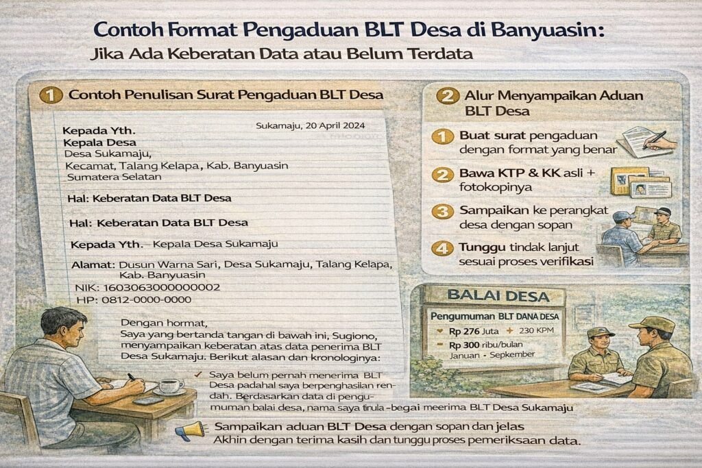 Infografis contoh format surat pengaduan BLT Desa di Banyuasin jika ada keberatan data atau belum terdaftar, lengkap dengan alur langkah pengaduan