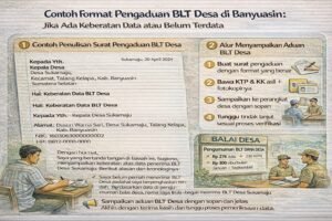 Infografis contoh format surat pengaduan BLT Desa di Banyuasin jika ada keberatan data atau belum terdaftar, lengkap dengan alur langkah pengaduan