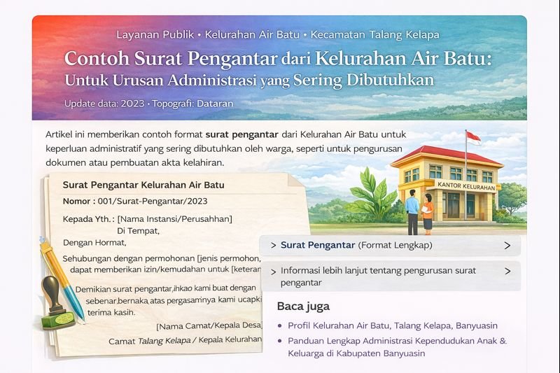 Infografis yang menunjukkan contoh format surat pengantar dari Kelurahan Air Batu untuk keperluan administratif, dengan latar belakang kantor kelurahan dan elemen ilustratif.