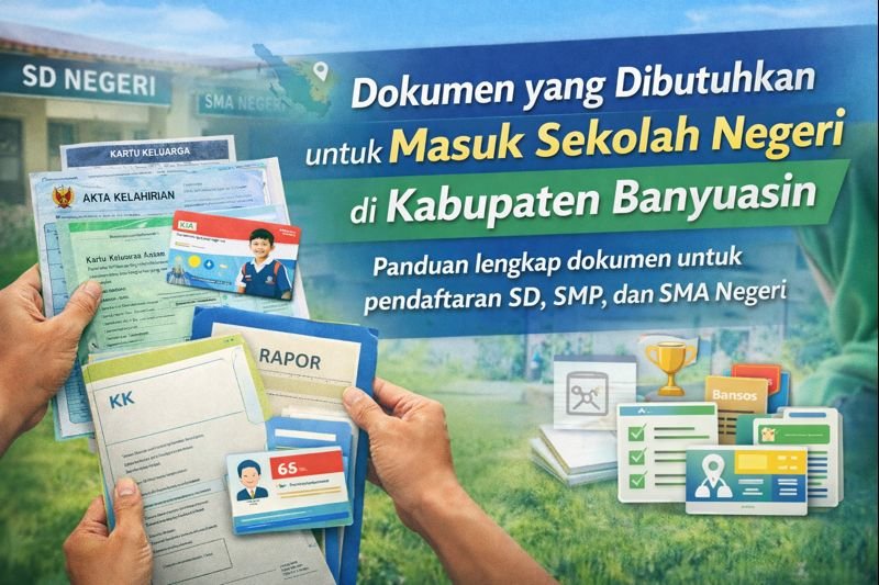 Ilustrasi dokumen yang dibutuhkan untuk masuk sekolah negeri di Kabupaten Banyuasin, meliputi KK, akta kelahiran, KIA, rapor, dan berkas pendukung pendaftaran SD, SMP, dan SMA.