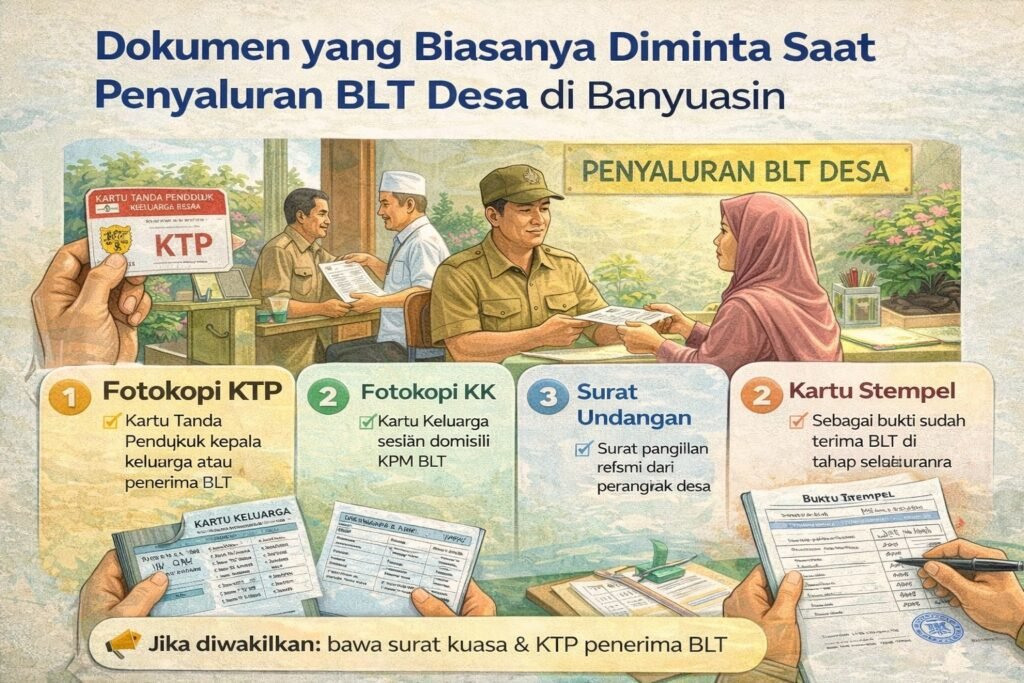 Infografis dokumen yang dibutuhkan saat penyaluran BLT Desa di Kabupaten Banyuasin: KTP, KK, surat undangan, dan bukti penerimaan