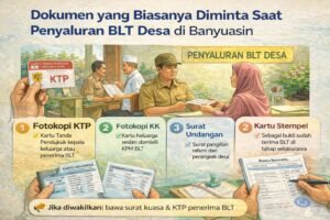 Infografis dokumen yang dibutuhkan saat penyaluran BLT Desa di Kabupaten Banyuasin: KTP, KK, surat undangan, dan bukti penerimaan