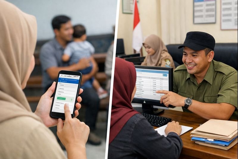 Ilustrasi warga mengecek status penerima PKH di Kabupaten Banyuasin secara online melalui ponsel dan offline di kantor desa.