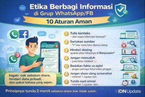 Infografis etika berbagi informasi di grup WhatsApp dan Facebook warga Banyuasin dengan 10 aturan aman.
