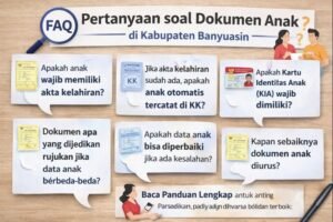 Infografis FAQ dokumen anak di Kabupaten Banyuasin terkait akta kelahiran, Kartu Keluarga, dan KIA
