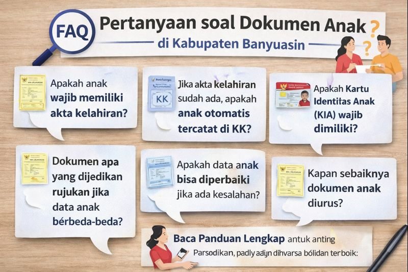 Infografis FAQ dokumen anak di Kabupaten Banyuasin terkait akta kelahiran, Kartu Keluarga, dan KIA