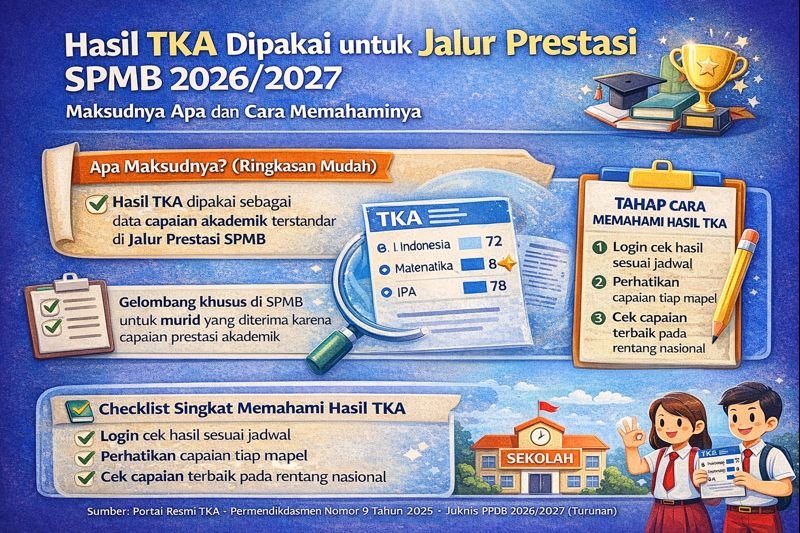 Infografis menjelaskan hasil TKA dipakai sebagai data capaian akademik terstandar untuk jalur prestasi SPMB 2026/2027, berisi ringkasan maksudnya dan langkah memahami hasil: cek hasil sesuai jadwal, perhatikan capaian tiap mapel, dan bandingkan dengan rentang capaian nasional.
