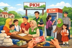 Ilustrasi bantuan PKH di Kabupaten Banyuasin untuk keluarga penerima manfaat, pendamping sosial, dan proses pencairan bantuan.