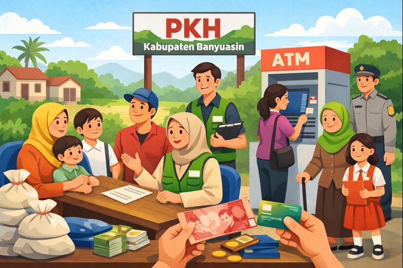Ilustrasi bantuan PKH di Kabupaten Banyuasin untuk keluarga penerima manfaat, pendamping sosial, dan proses pencairan bantuan.