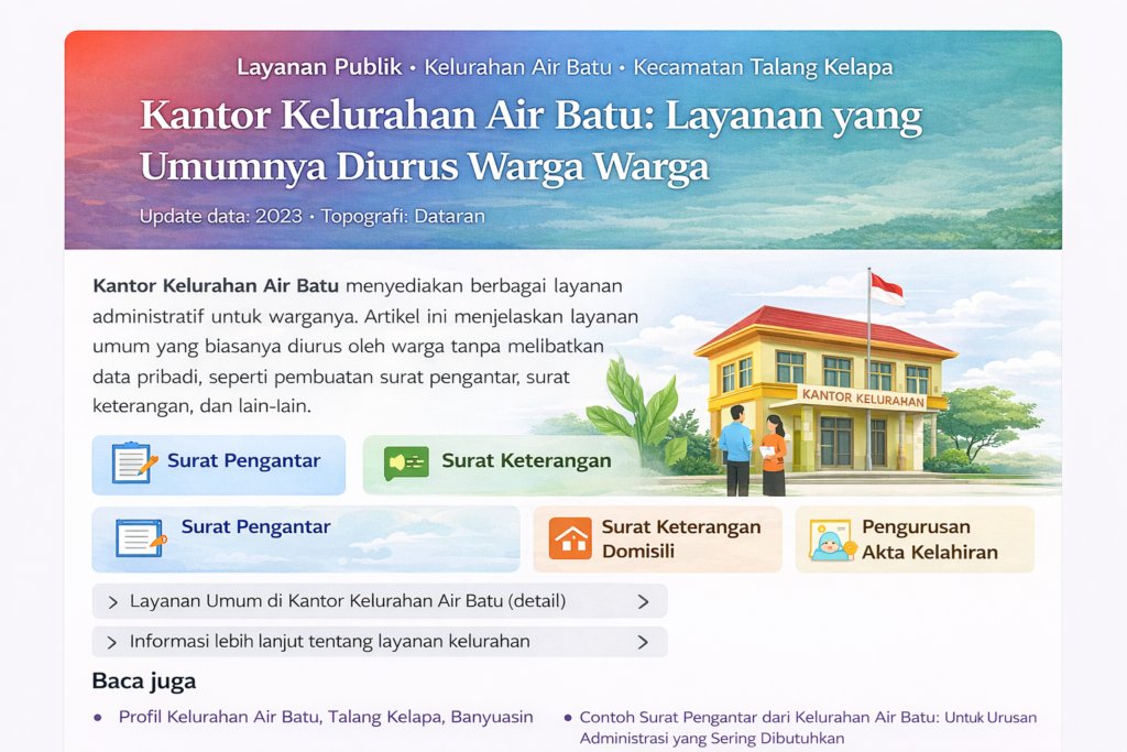 Infografis yang menampilkan layanan administratif yang disediakan oleh Kantor Kelurahan Air Batu, termasuk surat pengantar, surat keterangan, dan pengurusan akta kelahiran.
