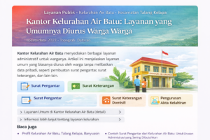 Infografis yang menampilkan layanan administratif yang disediakan oleh Kantor Kelurahan Air Batu, termasuk surat pengantar, surat keterangan, dan pengurusan akta kelahiran.