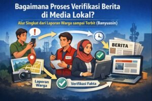 Ilustrasi proses verifikasi berita media lokal di Banyuasin dengan penekanan fakta, waktu, dan penyaringan hoaks.