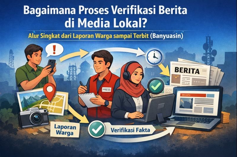 Ilustrasi proses verifikasi berita media lokal di Banyuasin dengan penekanan fakta, waktu, dan penyaringan hoaks.