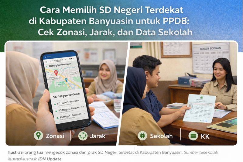 Ilustrasi orang tua memilih SD Negeri terdekat di Kabupaten Banyuasin untuk PPDB dengan mengecek zonasi, jarak, dan data sekolah.