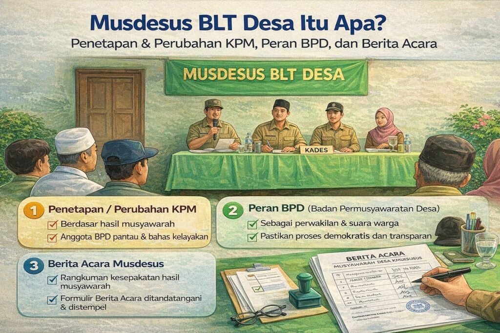 Ilustrasi musdesus BLT Desa di Kabupaten Banyuasin: penetapan dan perubahan KPM, peran BPD, serta berita acara