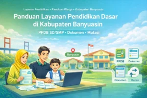 Ilustrasi panduan layanan pendidikan dasar di Kabupaten Banyuasin untuk PPDB SD/SMP, dokumen pendaftaran, dan mutasi/pindah sekolah