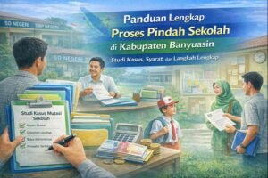 Ilustrasi panduan lengkap proses pindah sekolah di Kabupaten Banyuasin, orang tua dan siswa mengurus mutasi sekolah dengan dokumen lengkap di kantor sekolah.