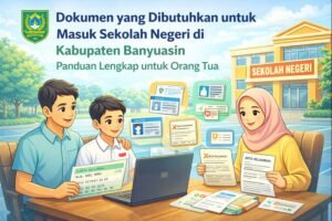 Ilustrasi pendaftaran PPDB untuk anak di Kabupaten Banyuasin, dengan orang tua dan anak menyerahkan dokumen penting di meja komputer.