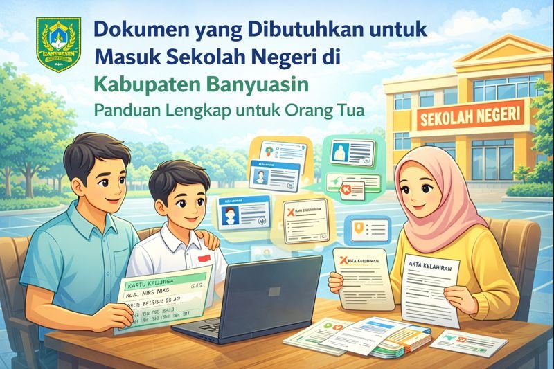 Ilustrasi pendaftaran PPDB untuk anak di Kabupaten Banyuasin, dengan orang tua dan anak menyerahkan dokumen penting di meja komputer.