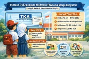 Infografis Panduan Tes Kemampuan Akademik (TKA) 2026 untuk warga Banyuasin berisi fungsi TKA, jadwal pendaftaran 19 Jan–28 Feb 2026, tes SMP 6–16 April 2026, tes SD 20–30 April 2026, serta pemanfaatan hasil untuk jalur prestasi.