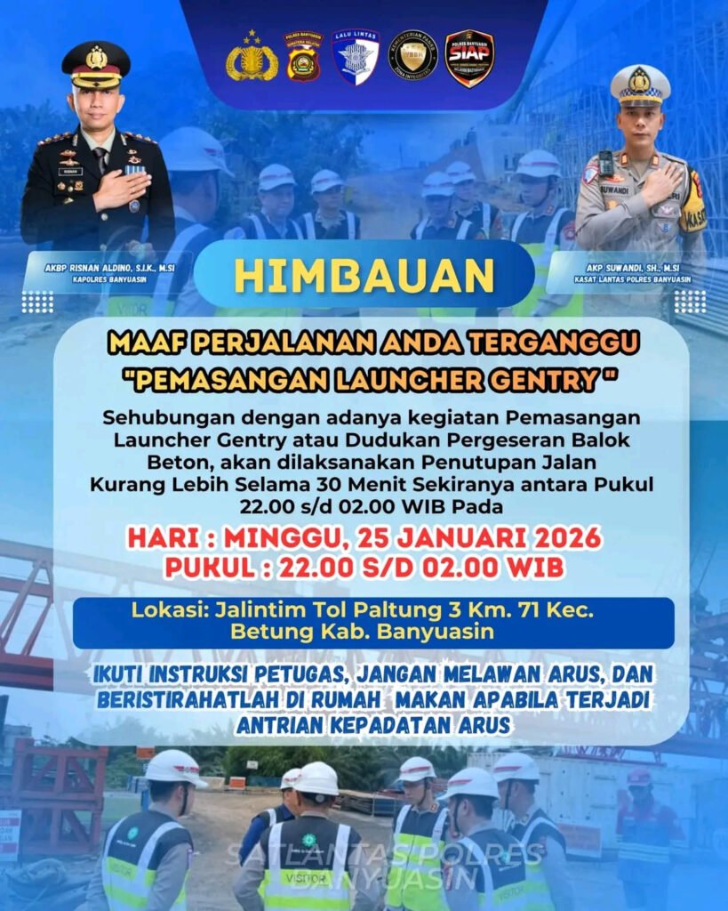 Poster imbauan penutupan Jalintim KM 71 Betung Banyuasin 25 Januari 2026 pukul 22.00–02.00 WIB