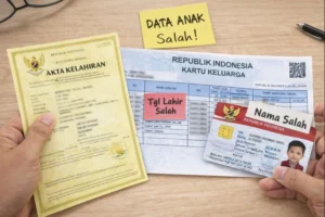 Ilustrasi kesalahan data anak pada dokumen kependudukan seperti akta kelahiran, Kartu Keluarga, dan KIA di Kabupaten Banyuasin