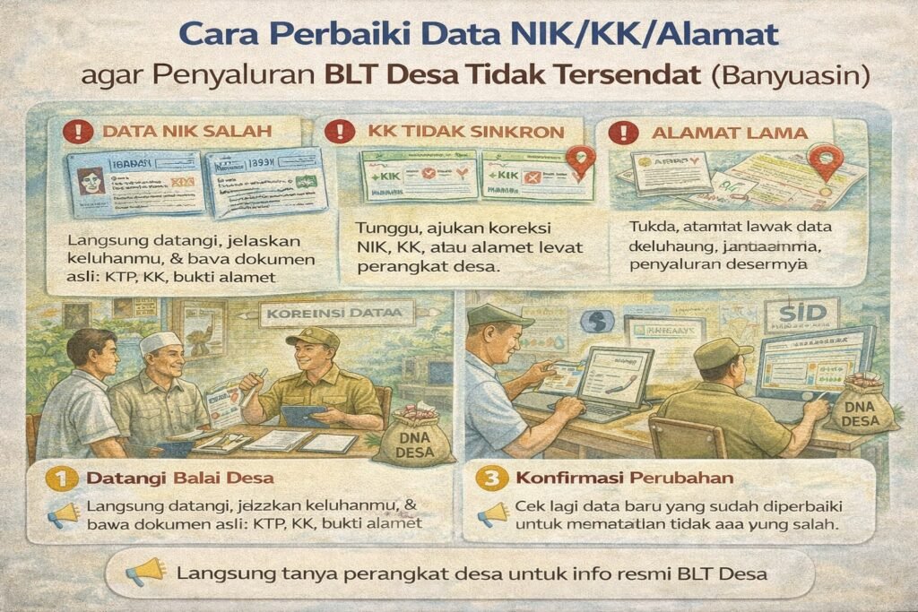 Infografis cara perbaiki data NIK, KK, dan alamat agar penyaluran BLT Desa tidak tersendat di Kabupaten Banyuasin: langkah-langkah perbaikan dengan perangkat desa
