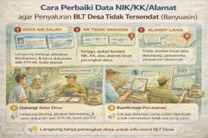 Infografis cara perbaiki data NIK, KK, dan alamat agar penyaluran BLT Desa tidak tersendat di Kabupaten Banyuasin: langkah-langkah perbaikan dengan perangkat desa