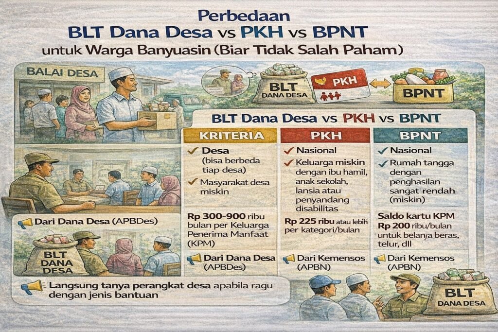 Infografis perbedaan BLT Dana Desa (BLT-DD), PKH, dan BPNT untuk warga Kabupaten Banyuasin: sumber dana, sasaran, dan bentuk bantuan